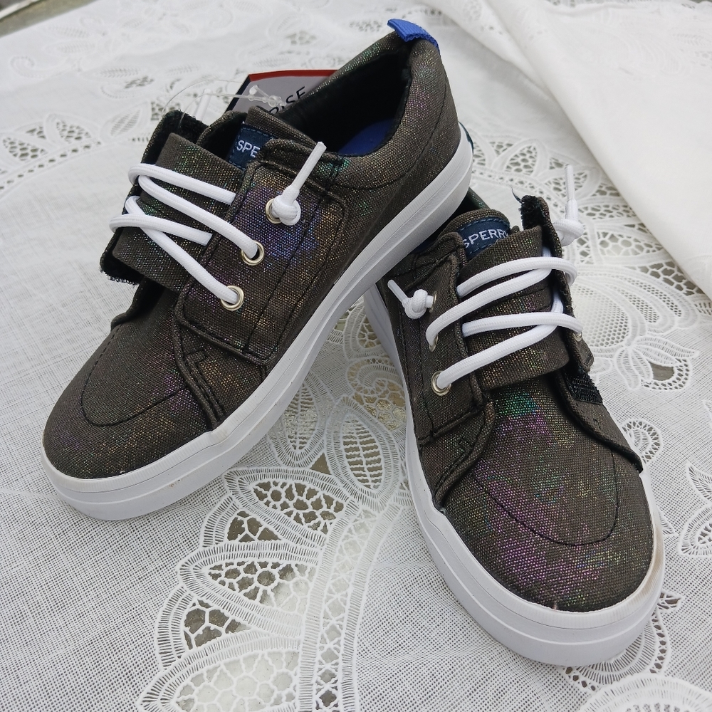 NWT SPERRY Kids Size 11-M Metallic Grey Black Crest Vibe